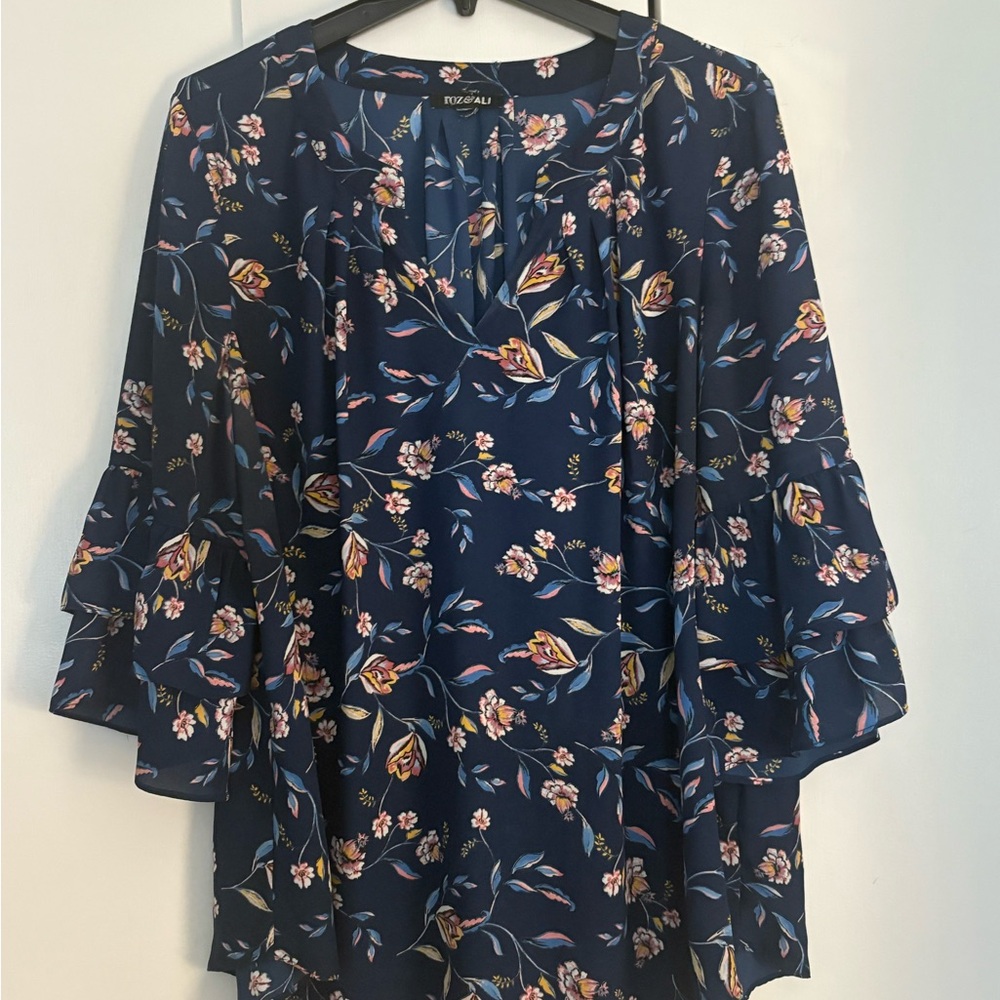 Roz & Ali Navy Floral Blouse with Ruffle Sleeves